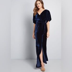 Collectif x ModCloth Silver Screening Velvet Maxi Dress, Midnight Blue, Size XL
